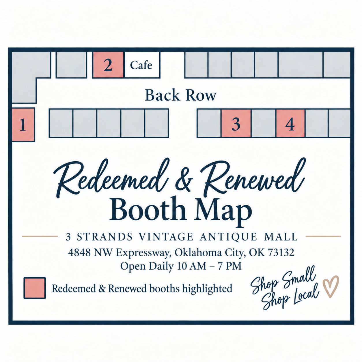 Map showing the four Redeemed & Renewed booths on the back row at 3 Strands Vintage Antique Mall