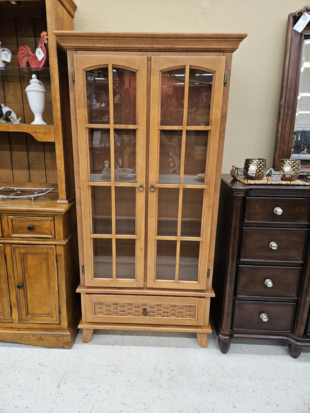 Light Wood Curio Cabinet with Glass Doors — 3 Glass Shelves & Drawer — photo 1 of 6