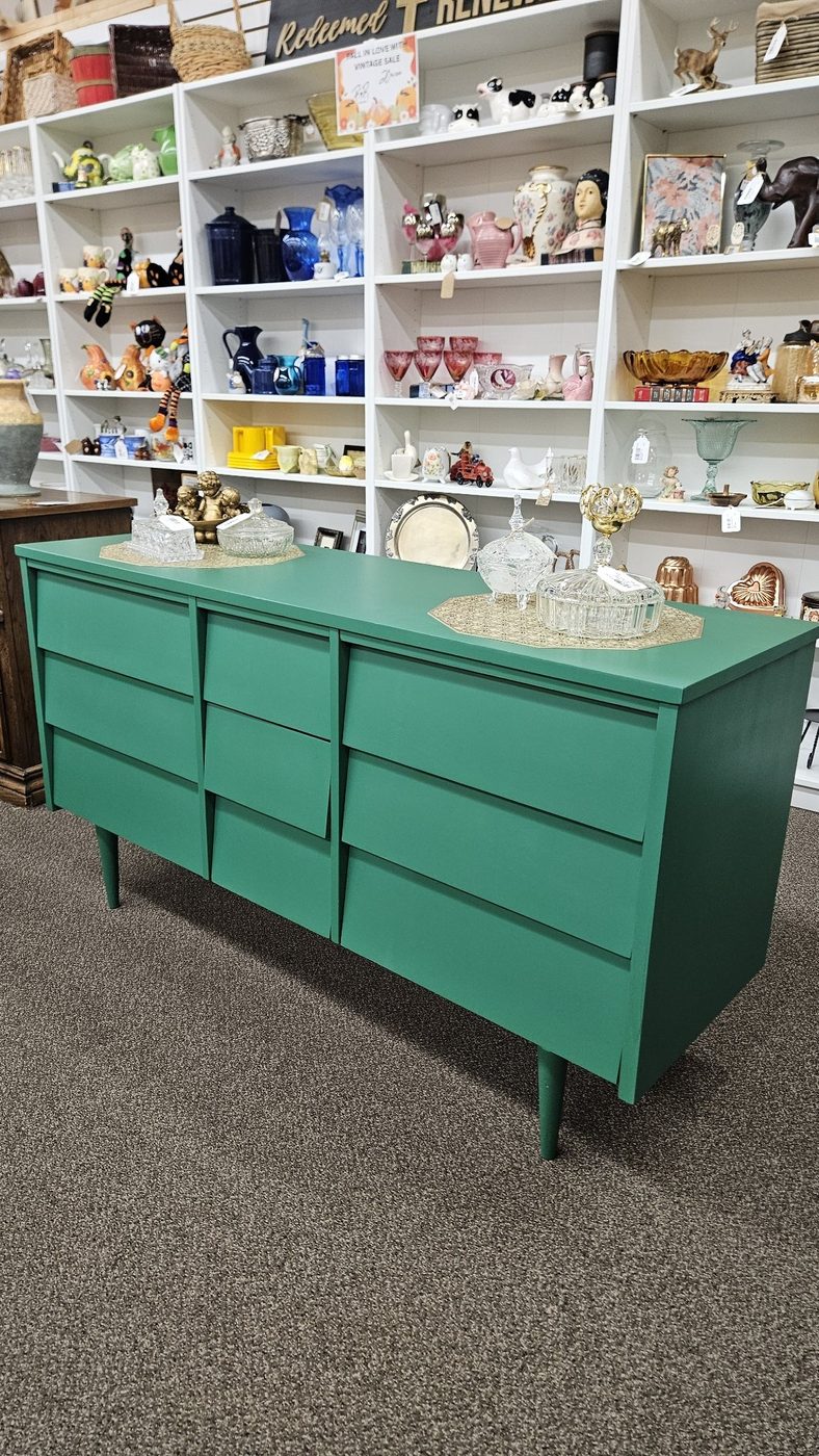 Green mid-century dresser, a finished custom painting project by Redeemed & Renewed