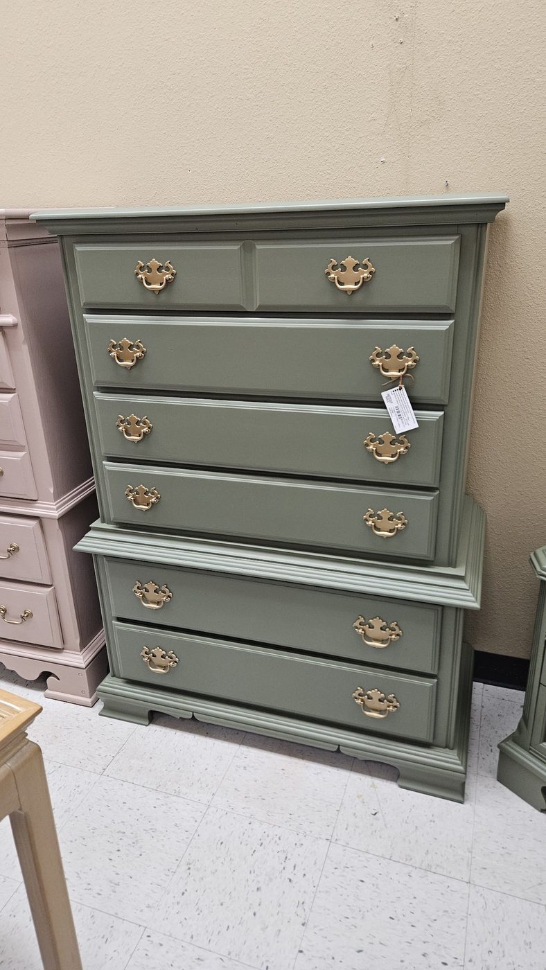 Sage green tall chest of drawers with gold hardware, refinished by Redeemed & Renewed